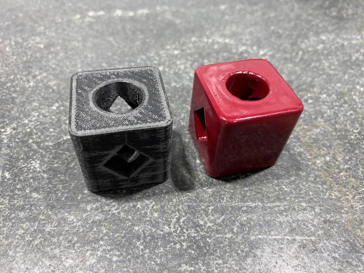 Raw 3D printed carbon PEEK part and powder coated 3D printed carbon PEEK part